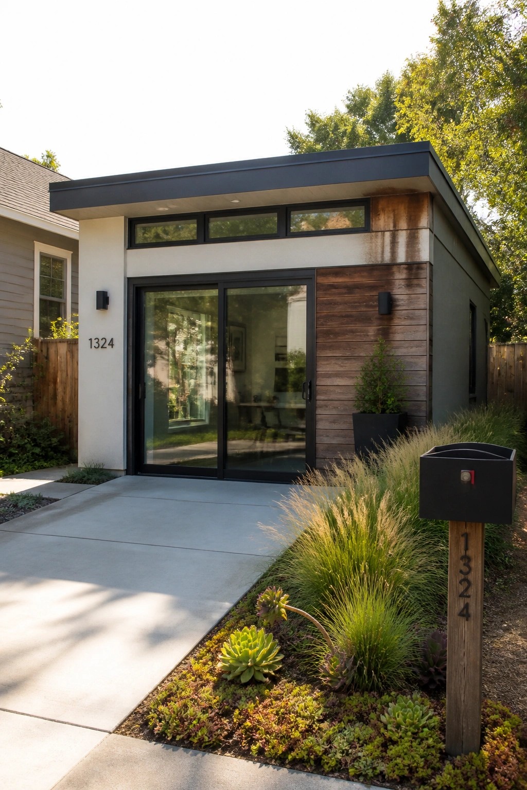 A modern single-story home exterior with a flat dark roof, large sliding glass doors, wood and stucco siding, and a concrete walkway leading to the entrance with landscaping in front.
