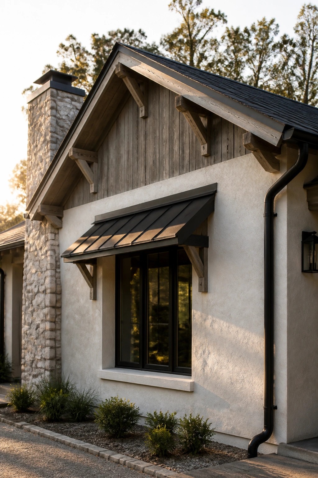 Modern house with stone chimney, wooden gables, stucco walls, and black metal awning.