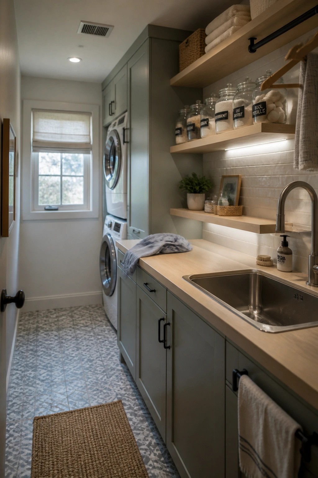 A narrow laundry room with sage green cabinets, a light wood countertop, stainless steel sink, and open wooden shelves holding labeled glass jars above the sink area.