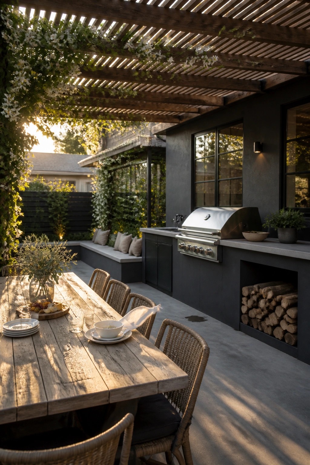 A wooden pergola with white flowering vines covers a dark outdoor kitchen with a stainless steel grill, concrete counters, and a long wooden dining table set with woven chairs on a concrete patio.