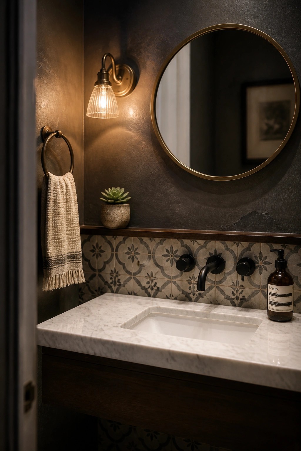 A bathroom vanity with a white marble countertop, undermount sink, black faucet, and patterned tile backsplash on a dark textured wall.