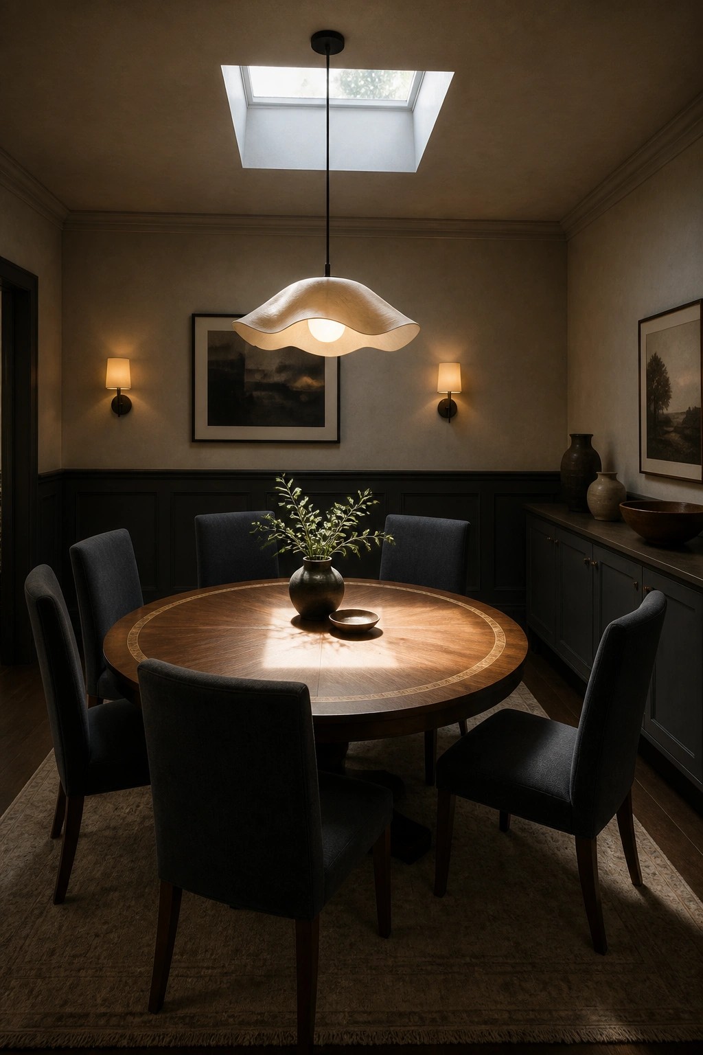 A dining room featuring a round wooden table with a central vase of greenery, surrounded by dark upholstered chairs, under a sculptural pendant light and a skylight.