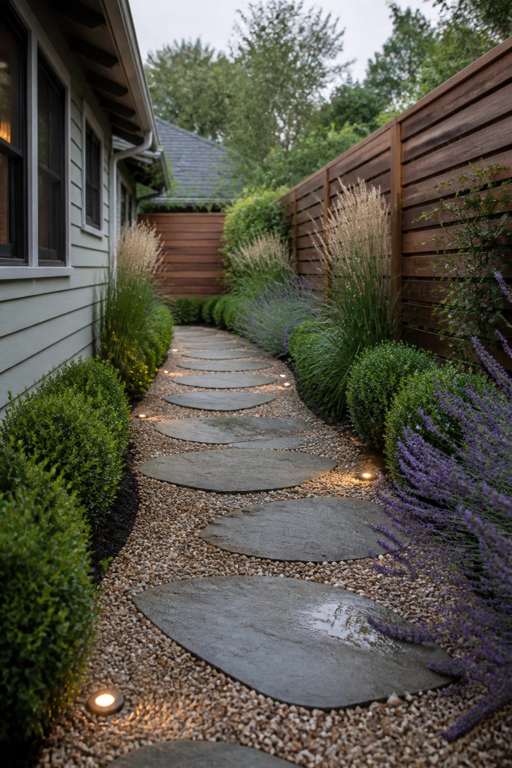 A narrow side yard path with large irregular stepping stones set in gravel, bordered by green shrubs, ornamental grasses, and purple flowering plants between a house wall and a wooden fence.