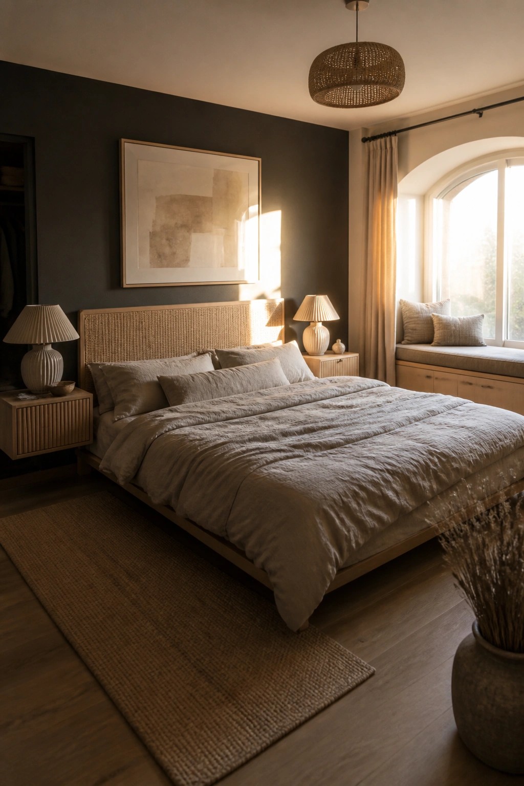 A bedroom featuring a bed with a woven rattan headboard against a dark wall, neutral linen bedding, and matching bedside lamps.