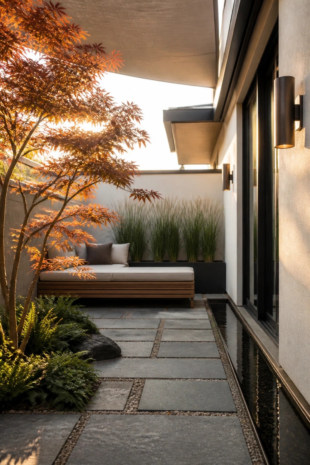 Modern courtyard with stone path, wooden daybed, red maple tree, and water feature at sunset.