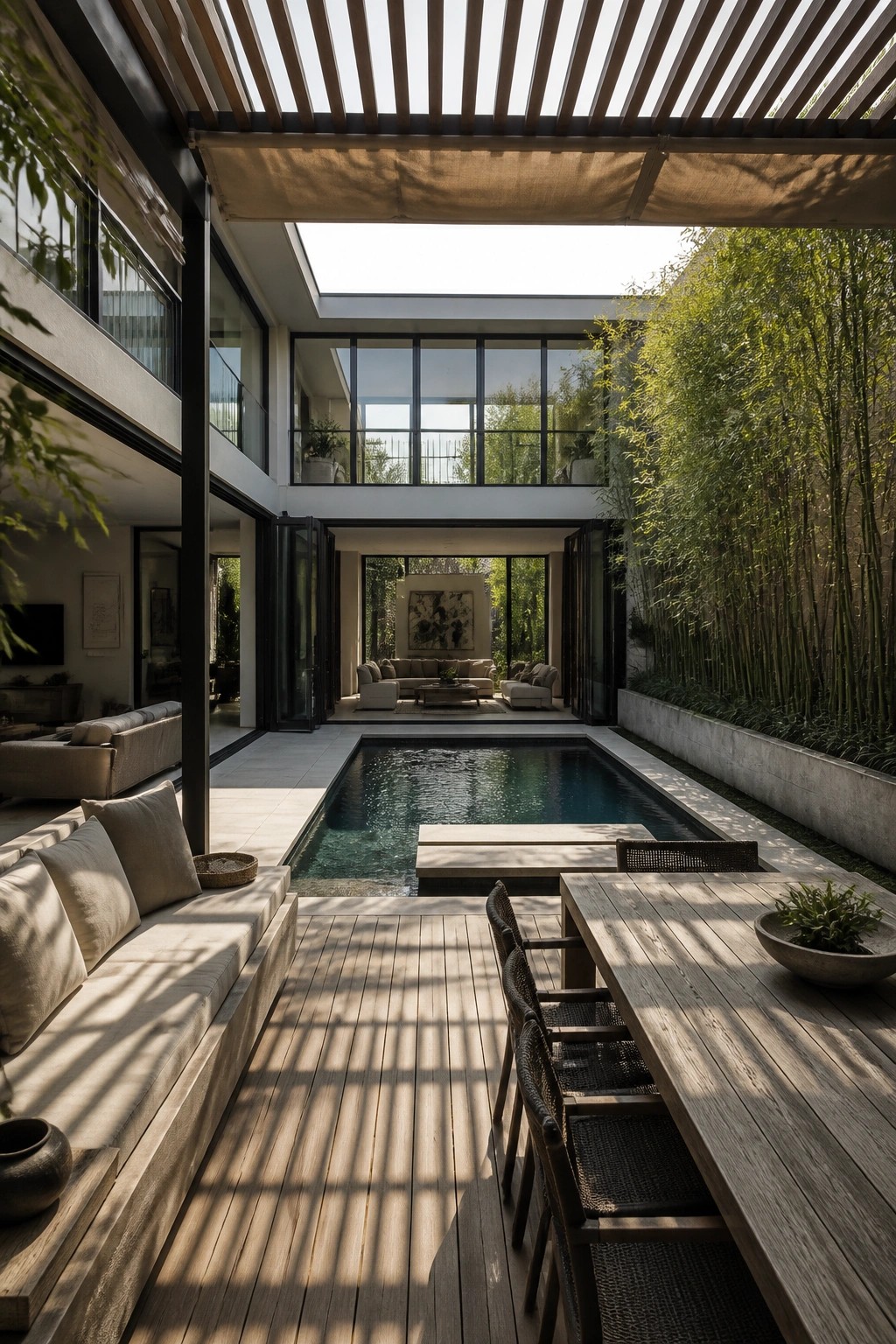 Modern courtyard with pool, wooden deck, dining table, sofas, and tall bamboo.