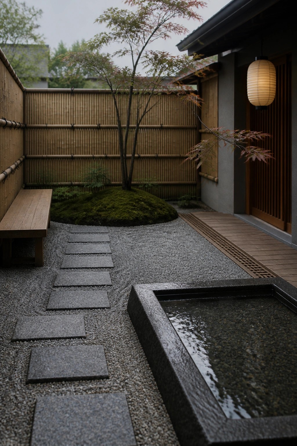 A small enclosed courtyard with bamboo fencing, gravel surface, stepping stones, a stone water basin in the foreground, a wooden bench, and a moss mound with a tree.