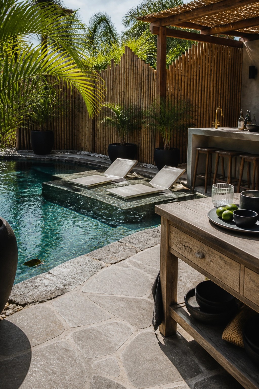 An outdoor pool area enclosed by tall bamboo fencing, featuring floating lounge chairs, an outdoor bar with wooden stools, and several potted plants.