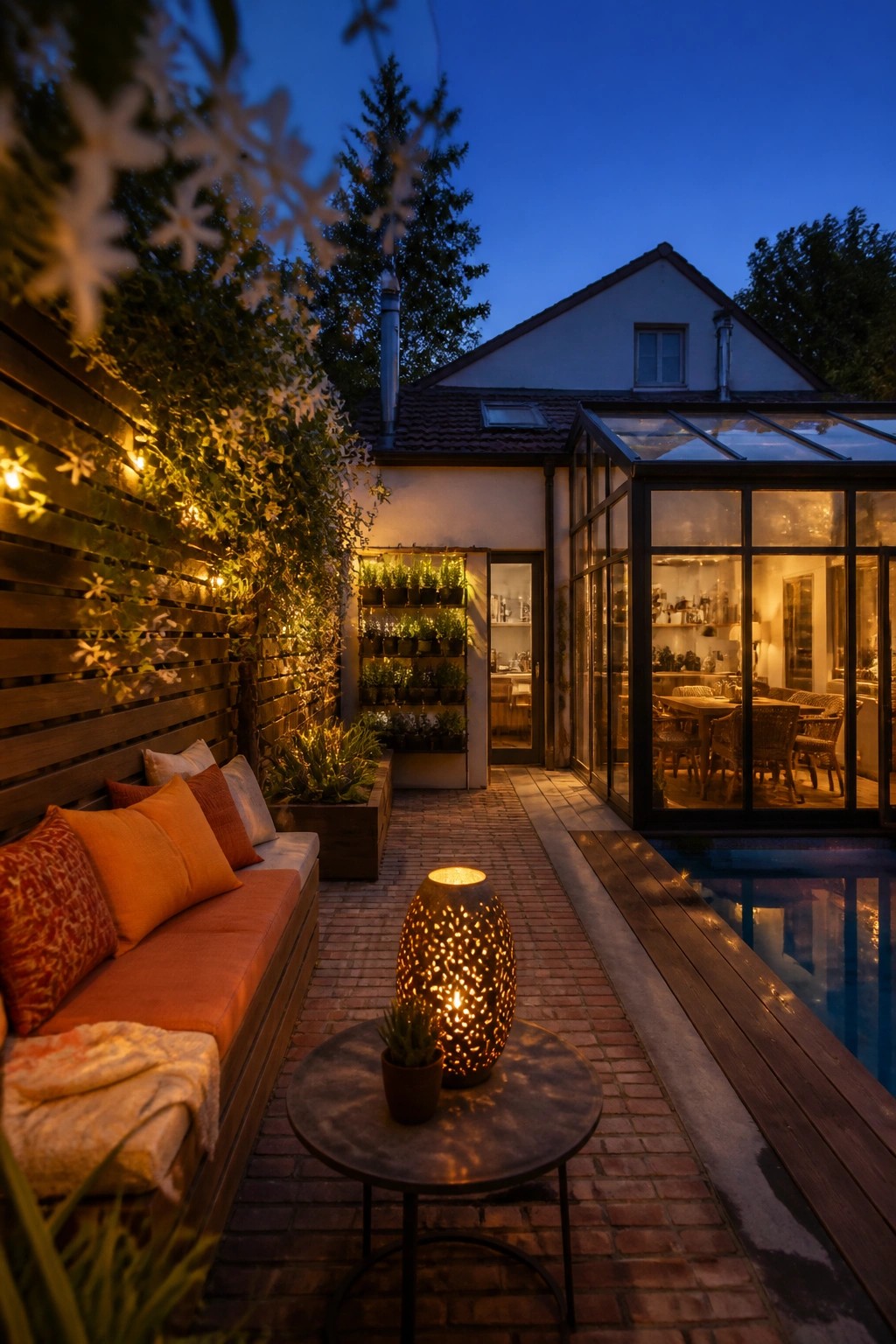 A brick courtyard at dusk with a cushioned wooden bench along a planted slat wall, string lights, a round table with a lit lantern, and a glass-enclosed room beside a pool.