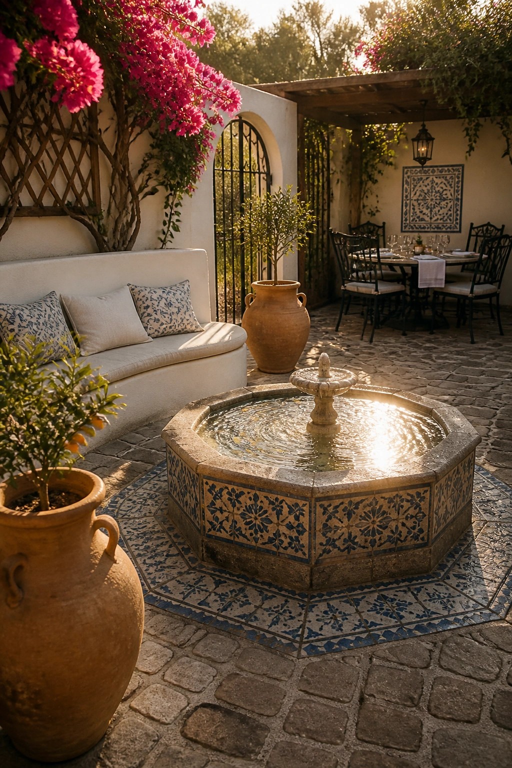 A tiled stone fountain with running water sits at the center of a cobblestone courtyard, surrounded by a curved bench with cushions, large terracotta pots, and a dining table under a wooden pergola.