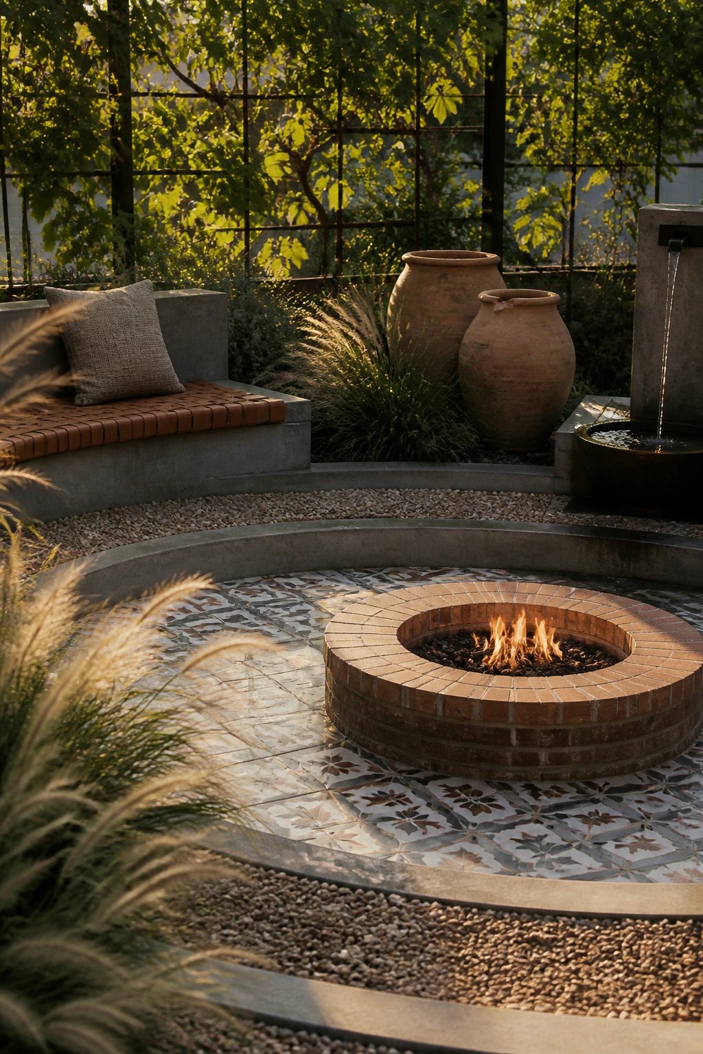 A circular brick fire pit on a patterned tile surface sits within a gravel courtyard bordered by concrete, with a bench, large terracotta pots, and a water fountain nearby.