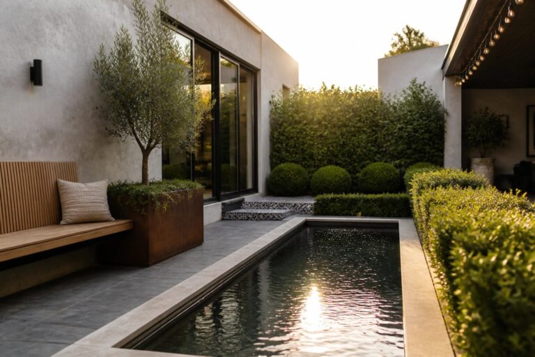 A modern courtyard with a long rectangular pool, wooden bench seating on the right, and a large metal planter holding a tree.