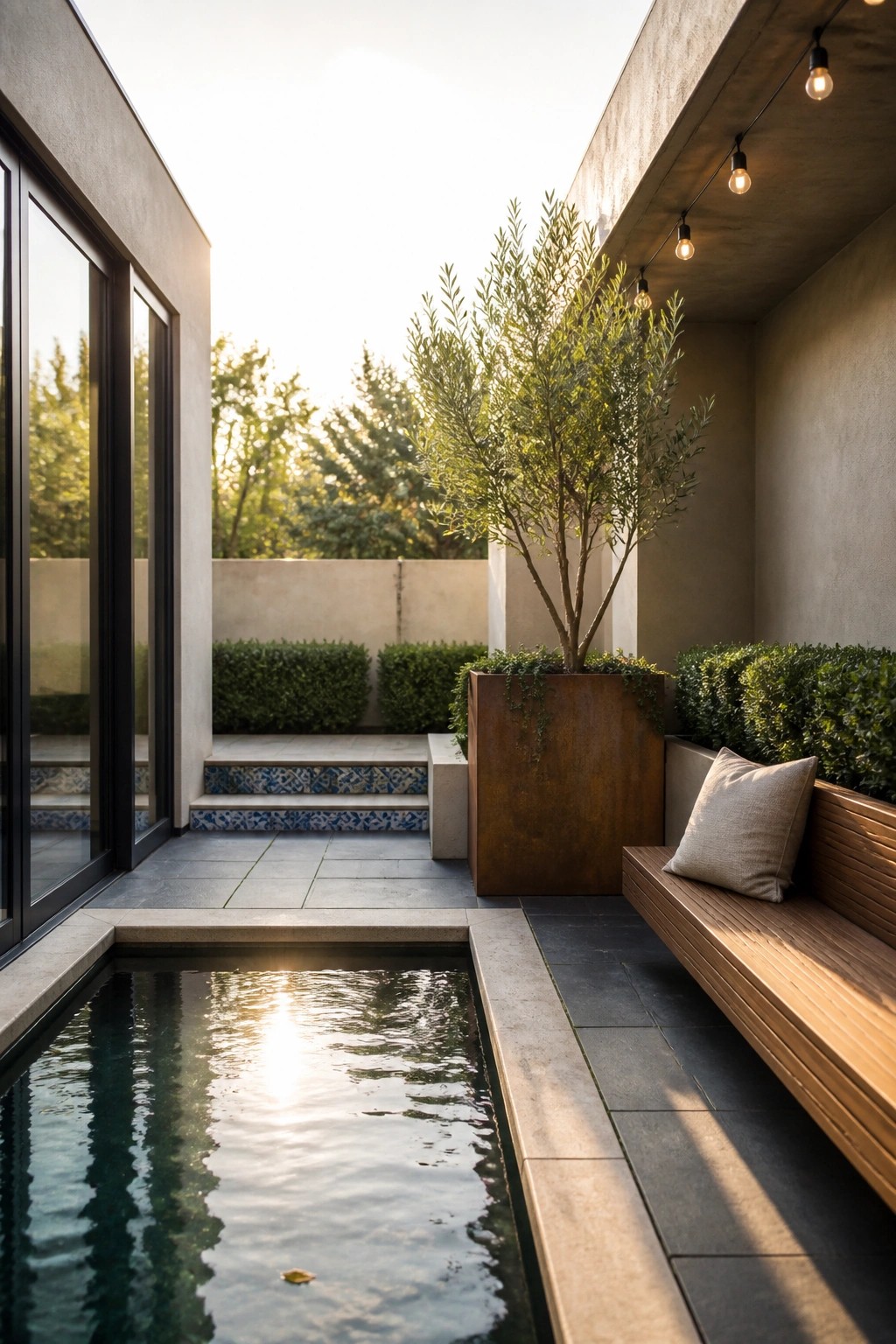 A modern courtyard with a long rectangular pool, wooden bench seating on the right, and a large metal planter holding a tree.