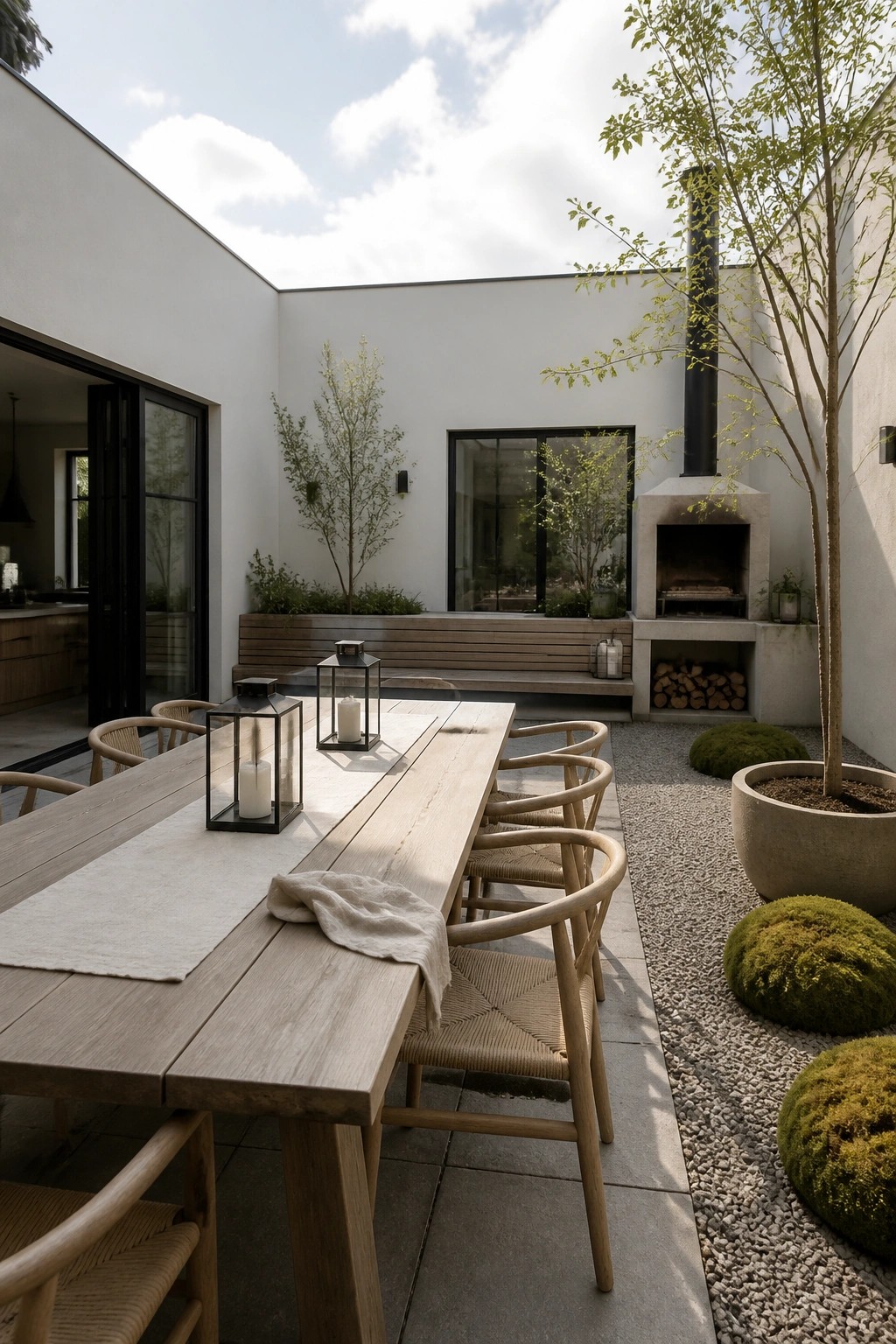 A long wooden dining table with woven chairs and black lanterns sits in a modern white courtyard beside a stone fireplace, gravel path, and large potted tree.