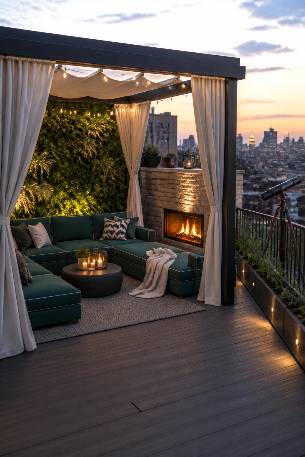 Cozy rooftop lounge with teal sectional, lit fireplace, and city skyline at dusk.