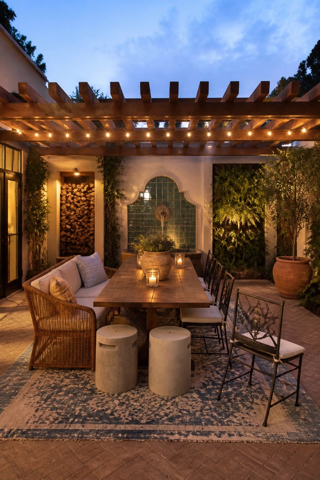 An outdoor courtyard dining area under a wooden pergola strung with lights, centered on a wooden table with concrete stools and a tiled fountain wall behind it.