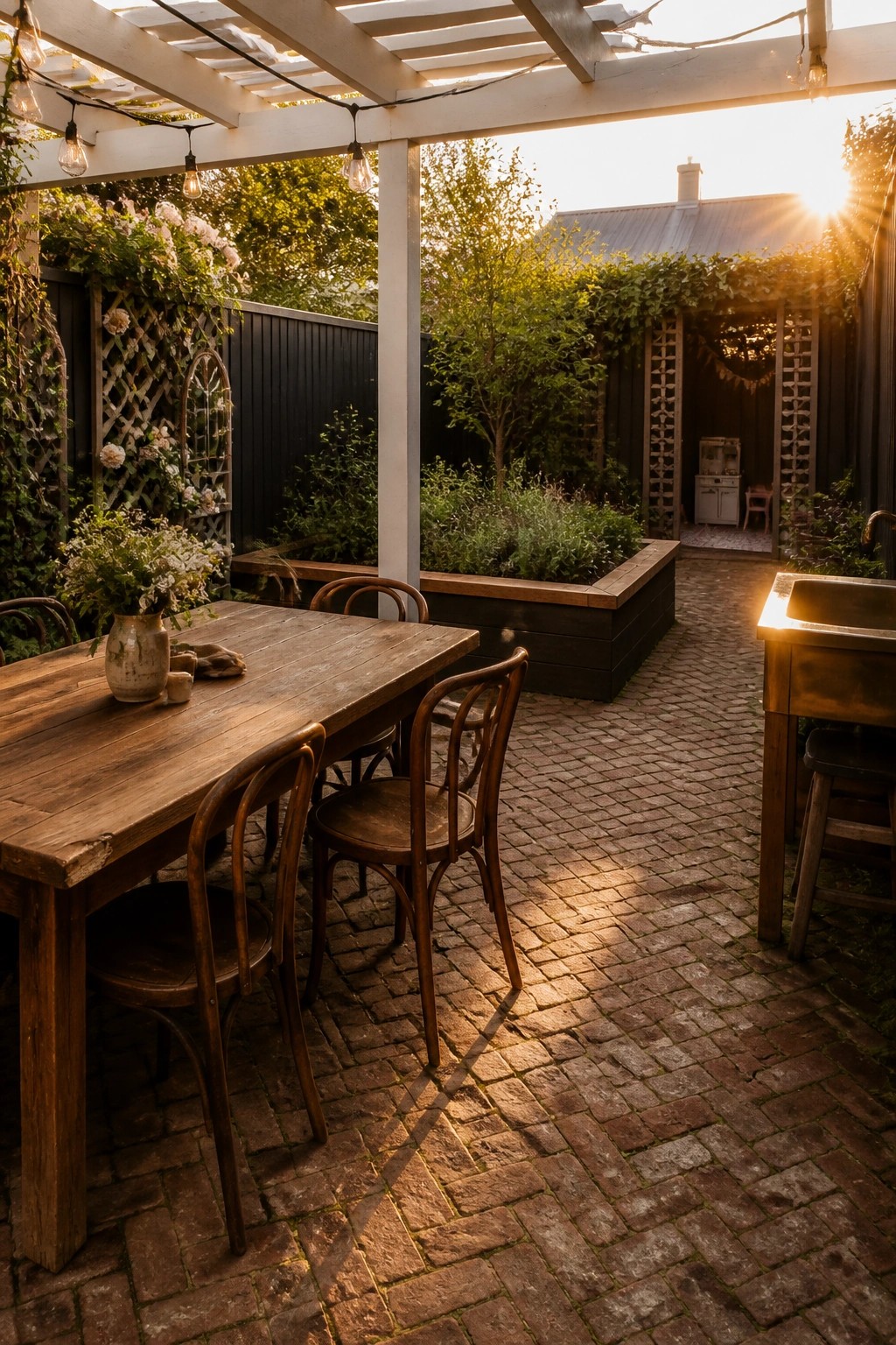 A wooden dining table and chairs sit under a white pergola with string lights in a brick courtyard with raised garden beds.