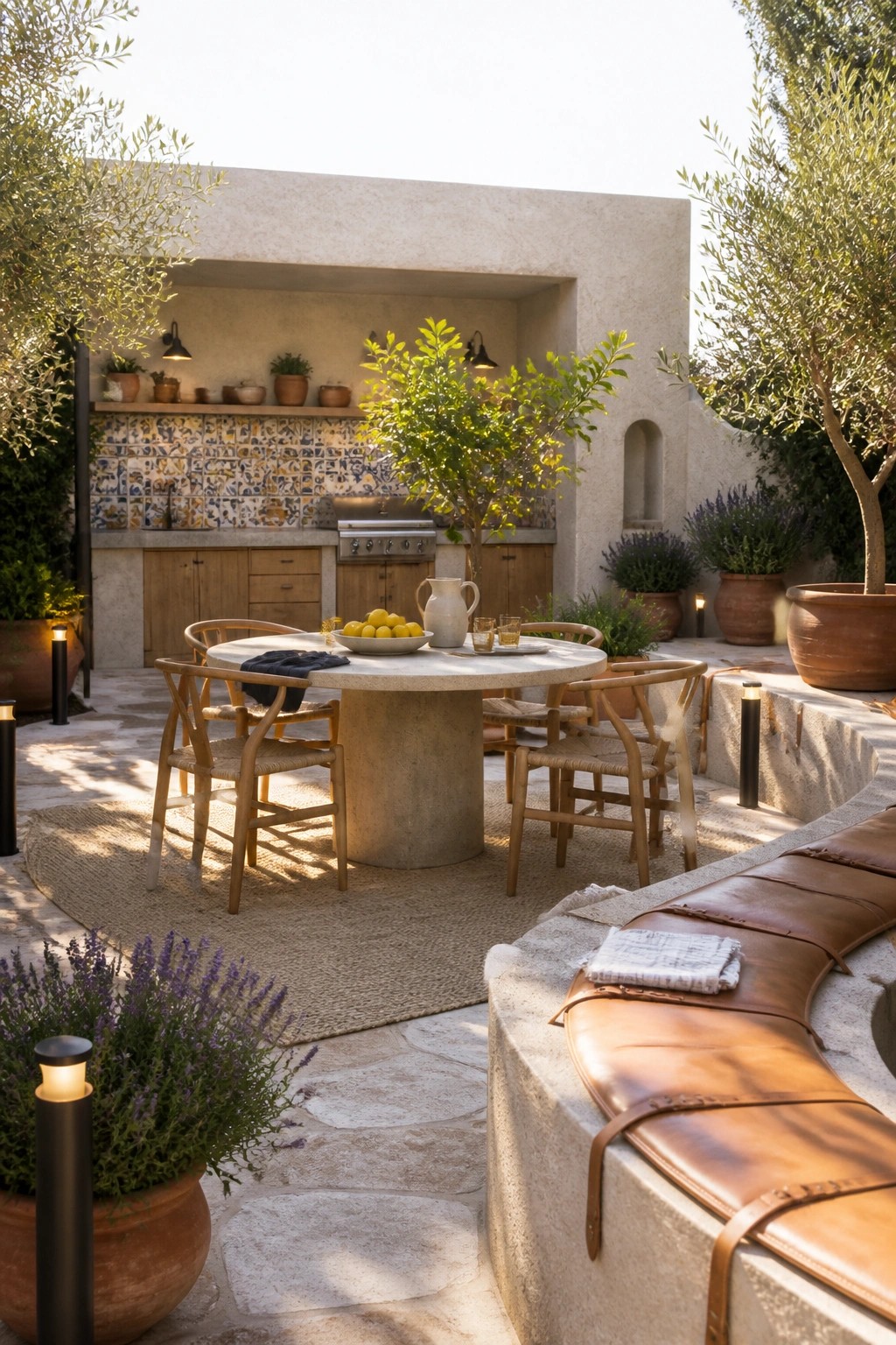 An outdoor courtyard kitchen area with a round concrete dining table, wooden wishbone chairs on a woven rug, a curved built-in bench with leather cushions, and an outdoor kitchen with colorful tile backsplash in the background.