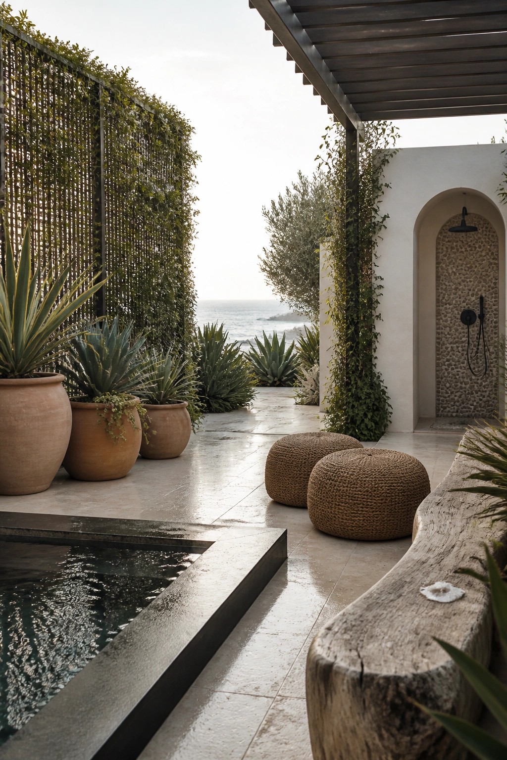Luxury coastal patio with terracotta pots, woven ottomans, pebble shower, and ocean view.