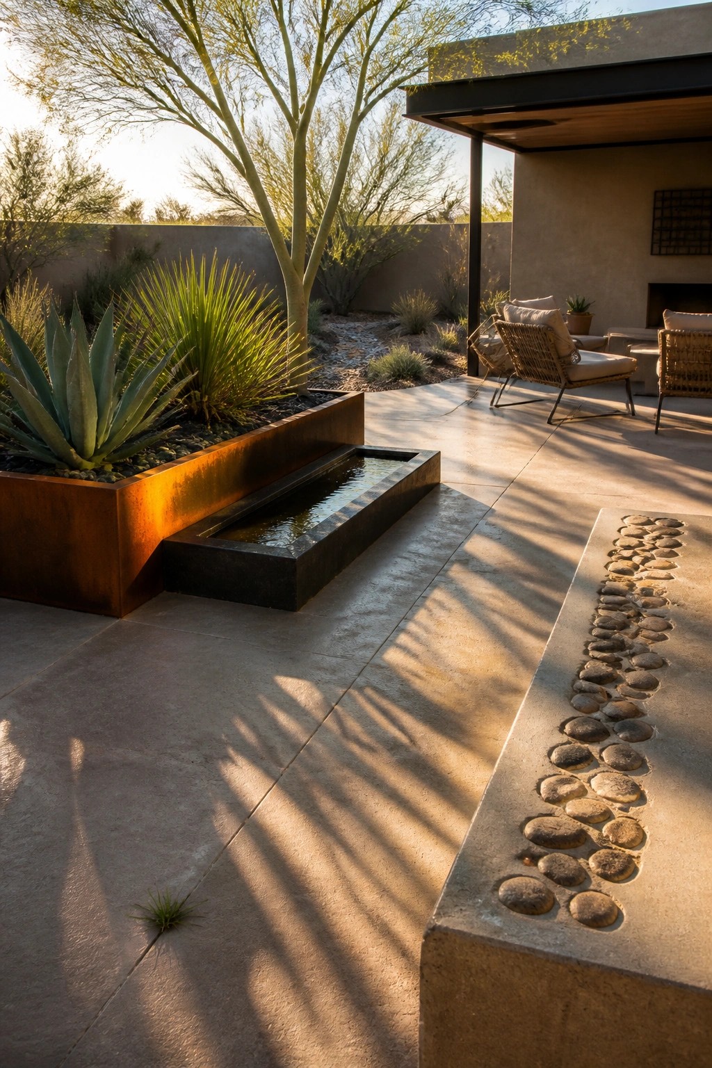 A modern courtyard patio with a rusted metal planter holding agave plants and a built-in linear water trough, adjacent to concrete seating and a pebble-inlaid bench.