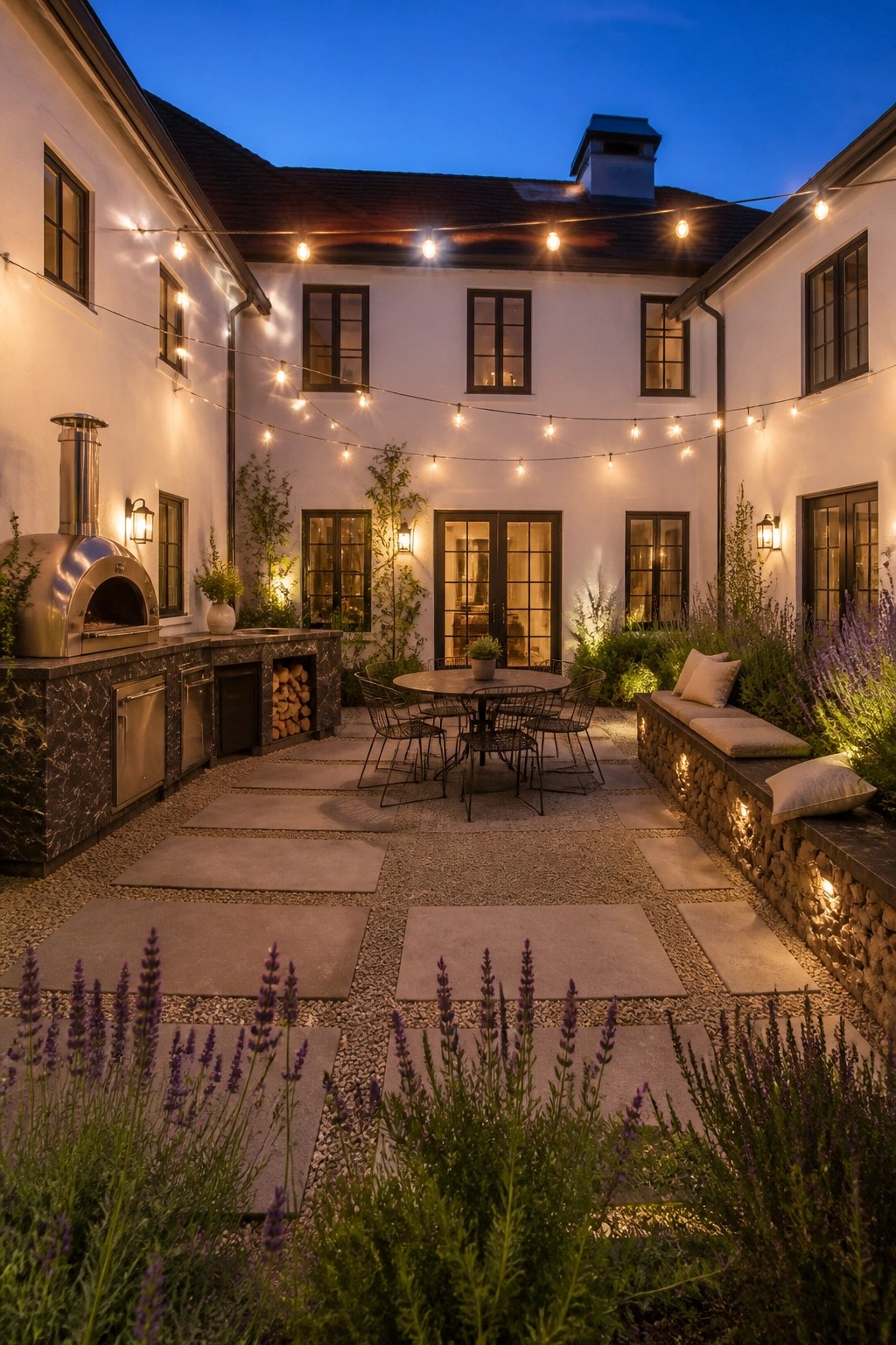 A modern white house courtyard at dusk with stone pavers, a round dining table, outdoor kitchen with pizza oven, string lights, built-in bench seating, and lavender plants.