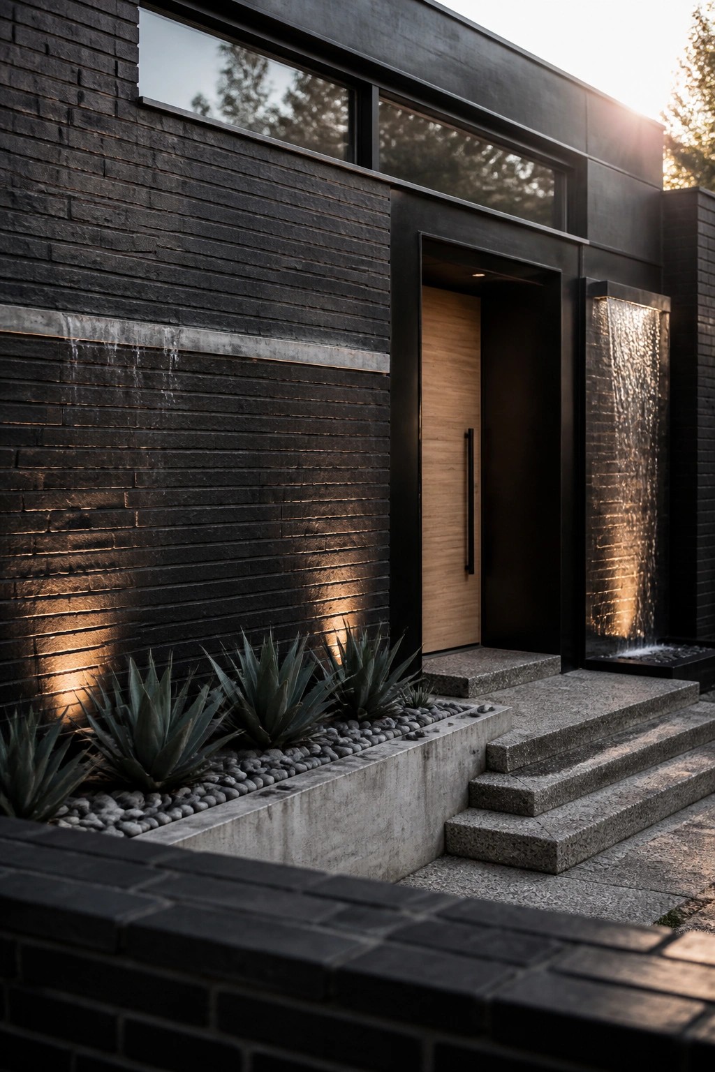 Modern dark brick house exterior with a light wood front door, concrete steps, agave plants, and a vertical water feature built into the wall beside the entrance.