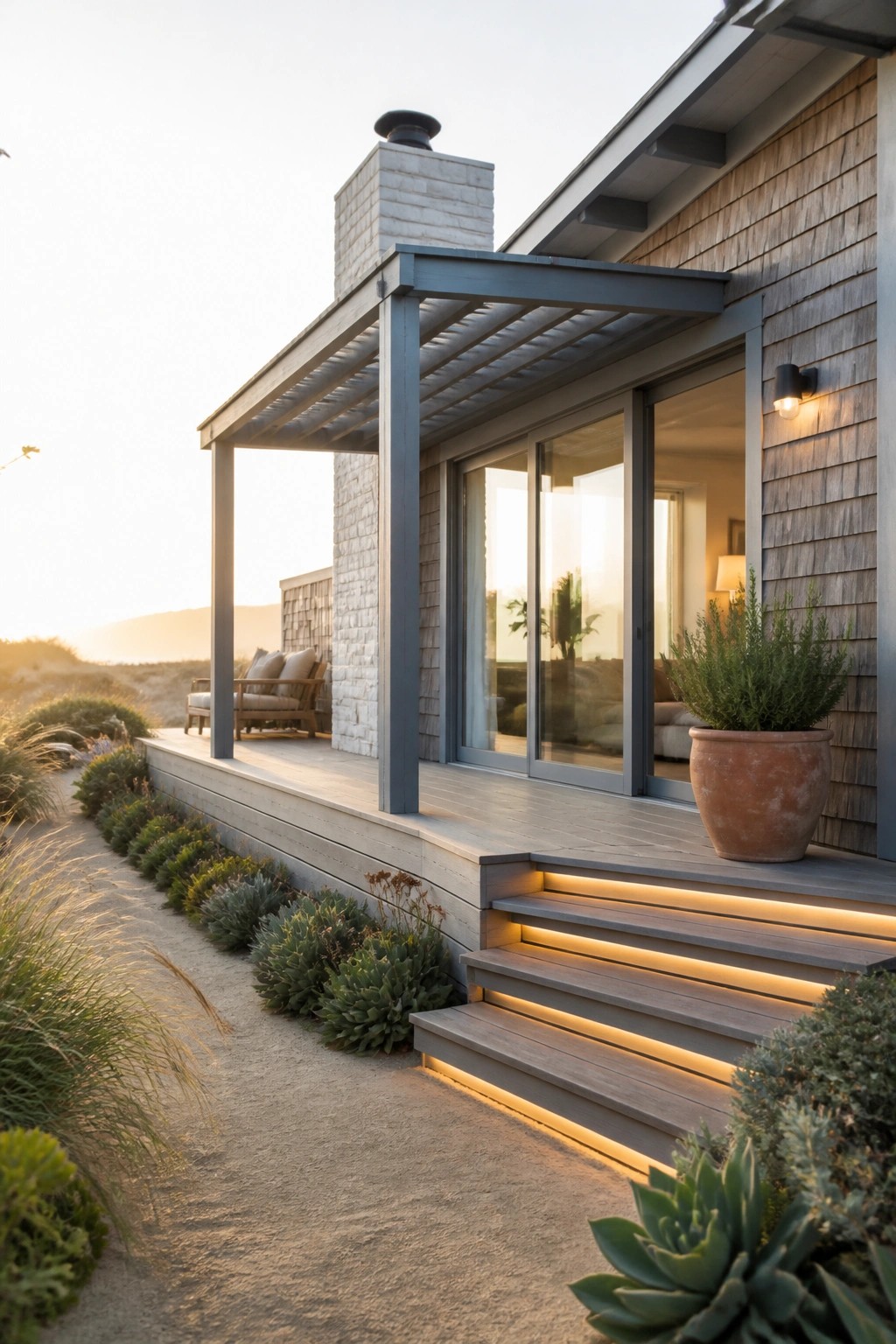 Modern house exterior featuring wood shingle siding, a stone chimney, large sliding glass doors, and a gray metal pergola covering a wooden deck with illuminated steps and potted plants.