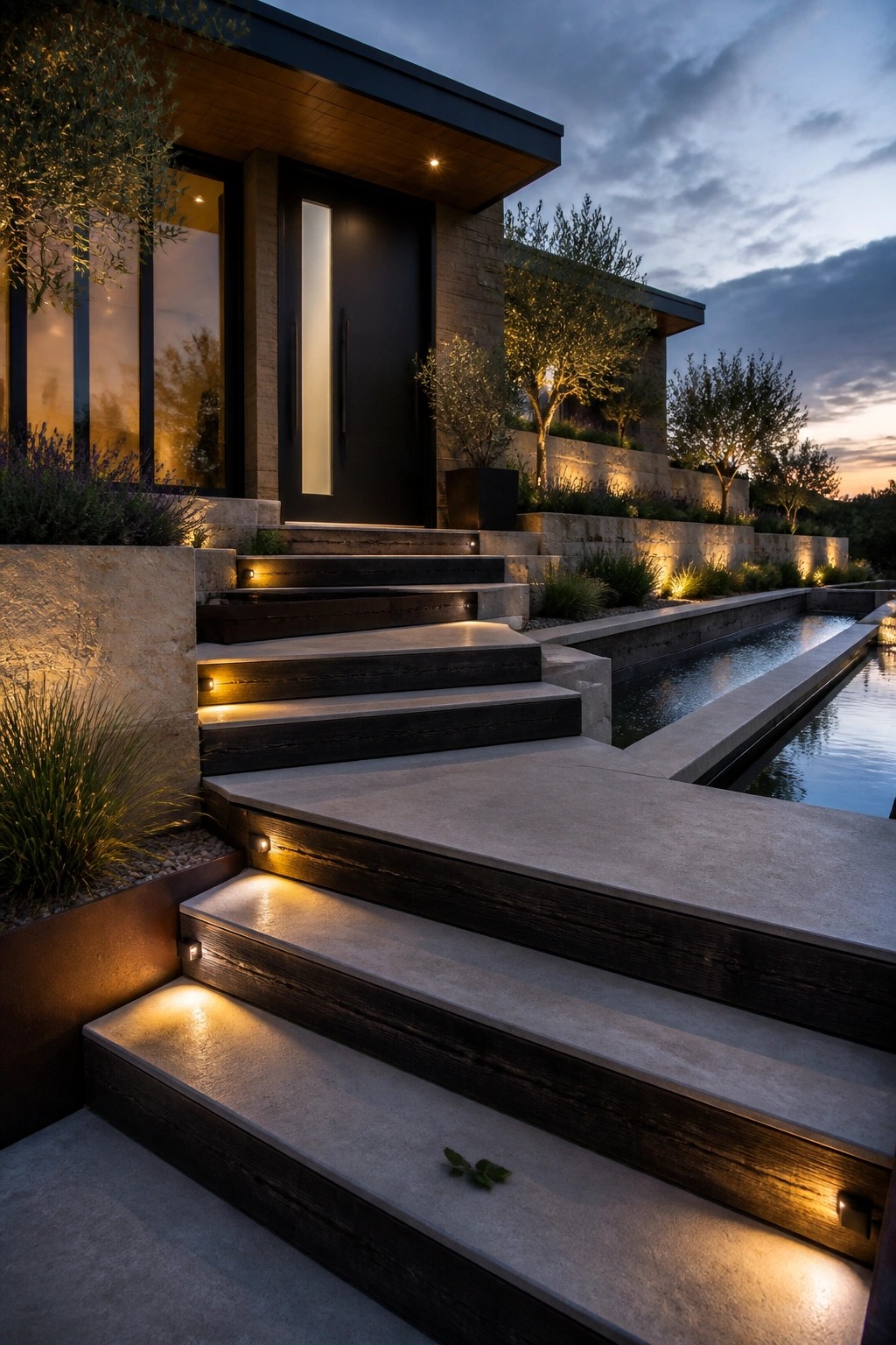Modern house exterior at dusk with illuminated stairs leading to a black front door next to a long water feature and landscaping.