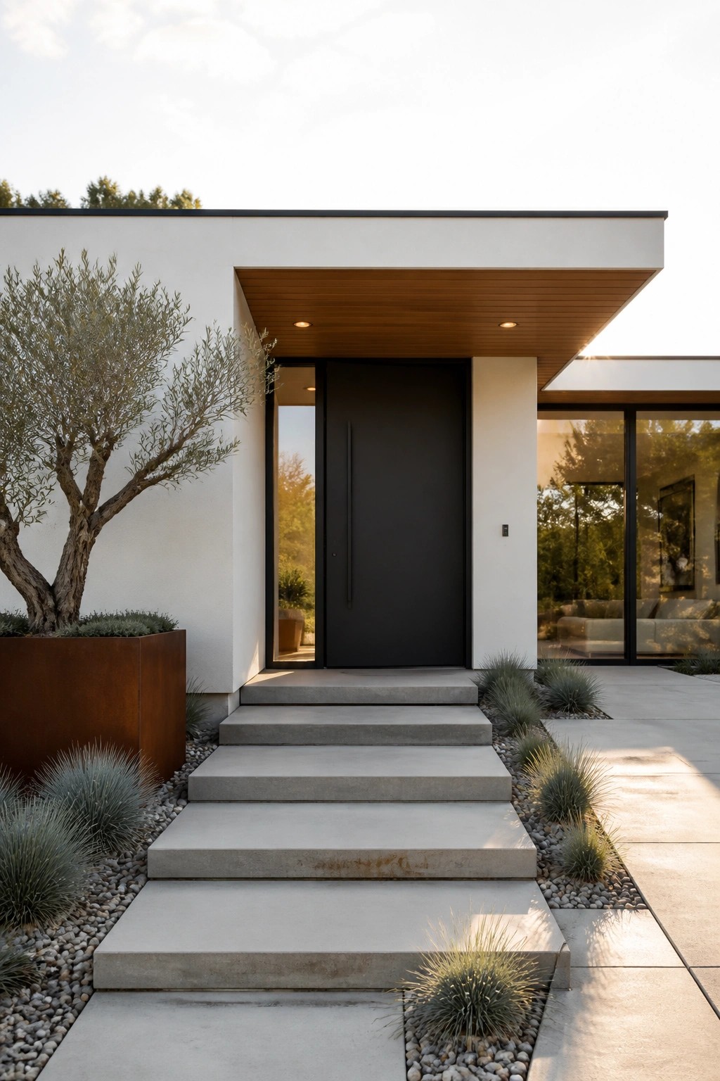 Modern house entrance with wide concrete steps leading to a black door under a wood ceiling, set against white walls with gravel and grasses on either side.