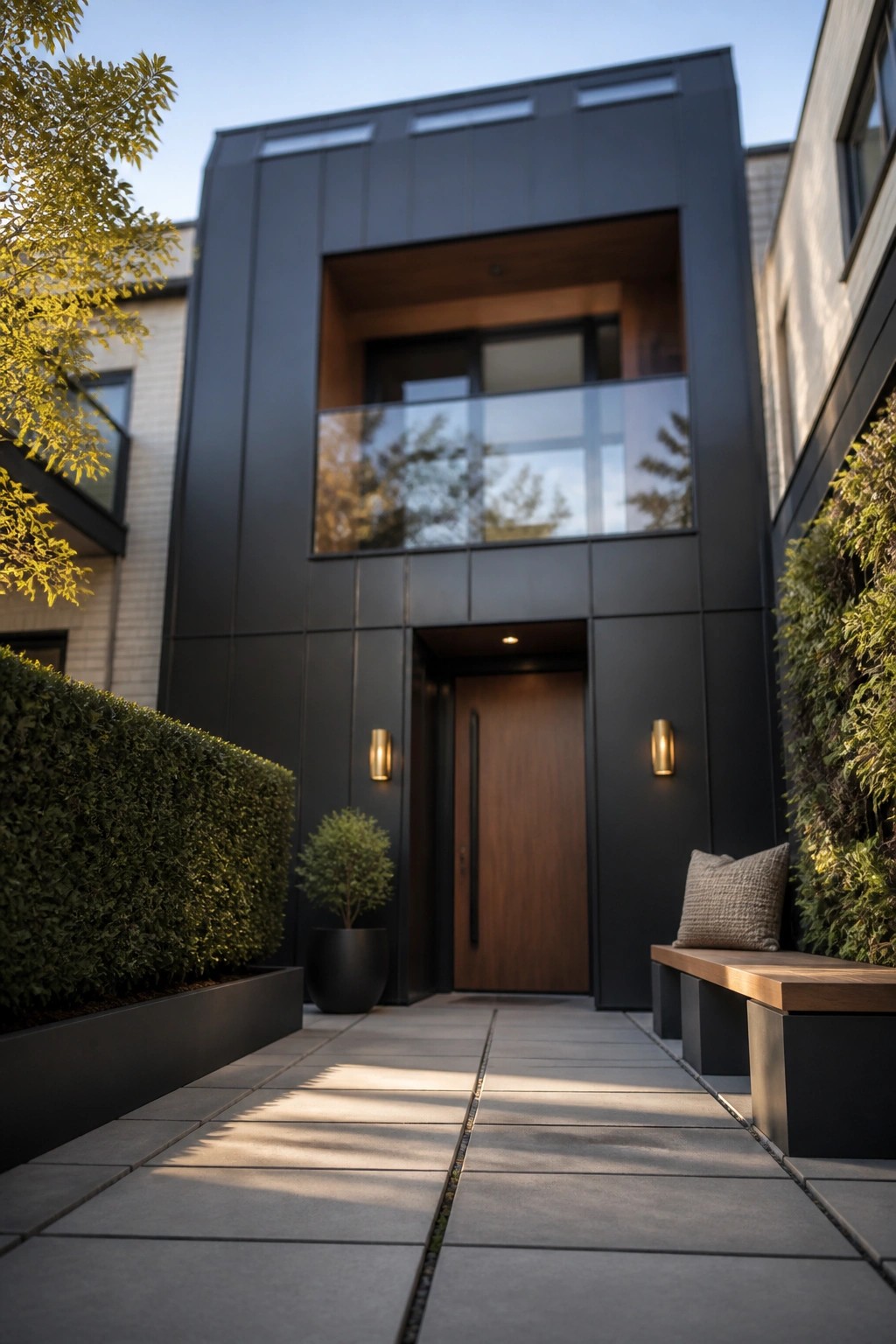 Modern house exterior with dark panels, a recessed wooden door, wall sconces, and a paved walkway leading to the entrance.