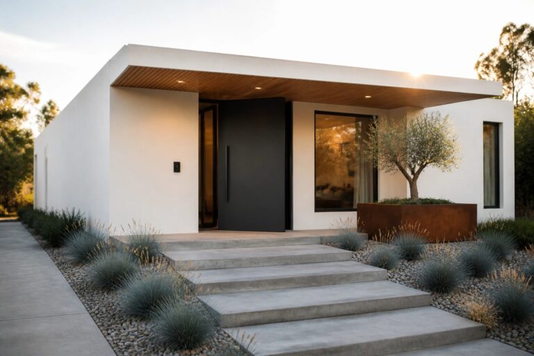 Modern house entrance with wide concrete steps leading to a black door under a wood ceiling, set against white walls with gravel and grasses on either side.