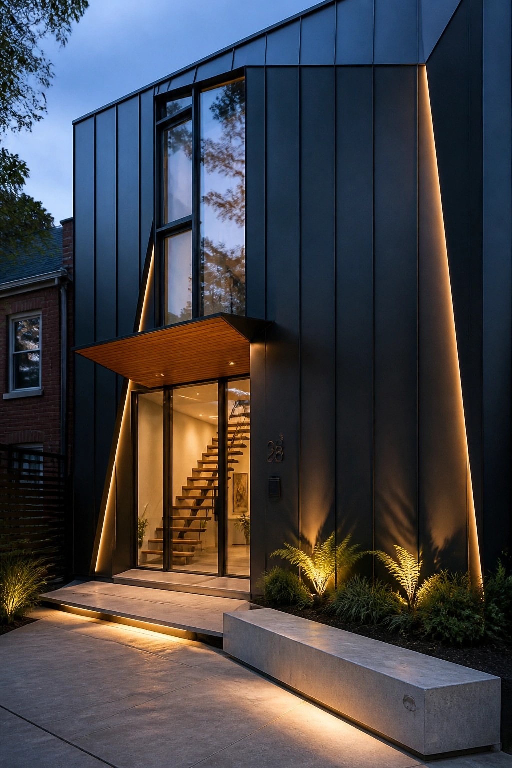 Modern dark metal house with glowing entrance, large windows, and interior staircase.