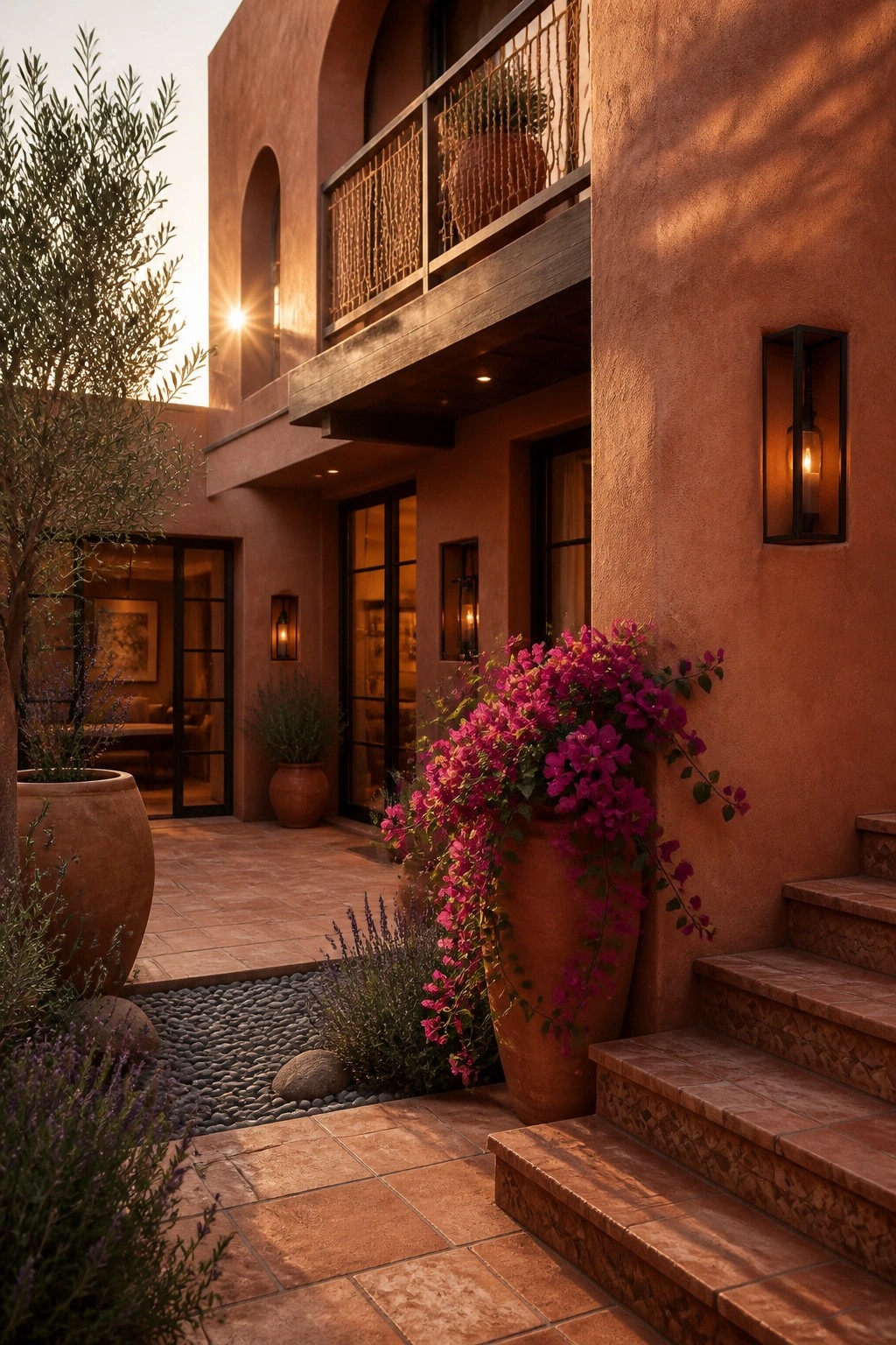 A terracotta stucco house exterior at sunset with a large clay pot holding cascading magenta bougainvillea beside stone steps and an arched balcony above.
