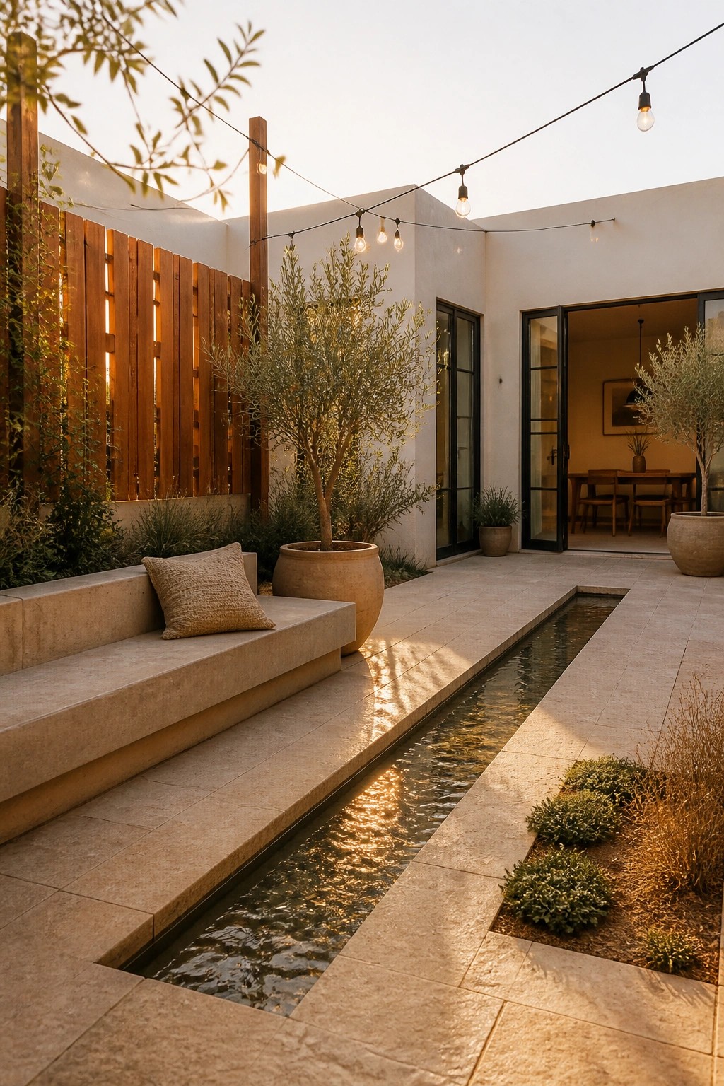 A modern courtyard features a long narrow water channel running beside a concrete bench with a cushion, potted trees, string lights, and open doors leading to an interior dining space.