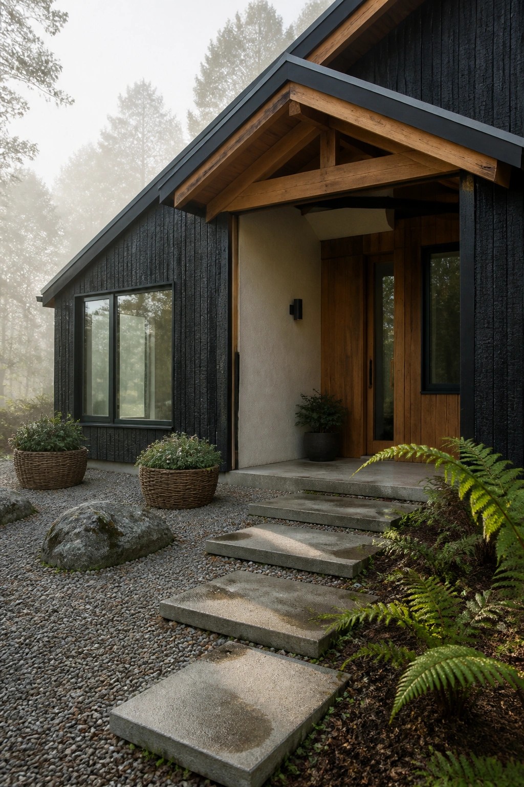 A modern house exterior with black wood siding, exposed timber beams over the entry, a wooden front door, concrete steps, and gravel landscaping surrounded by ferns and trees.