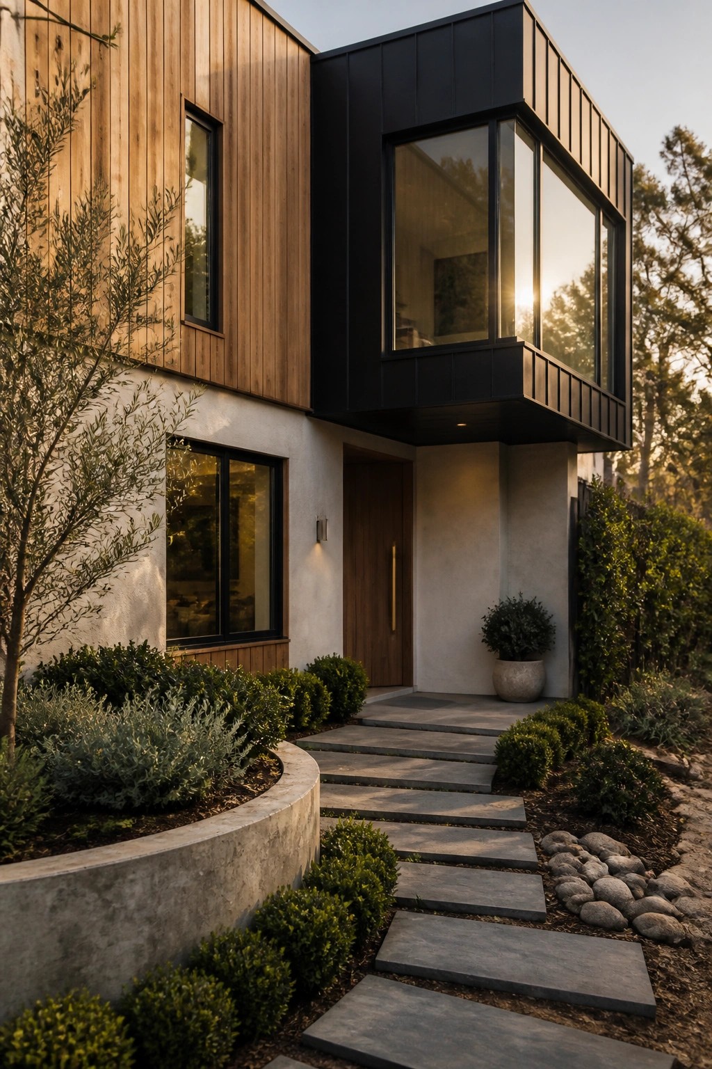 A modern house exterior with vertical wood siding on one side, a black metal upper volume with large windows, a wooden entry door, concrete steps, and landscaping with shrubs and a stone path.