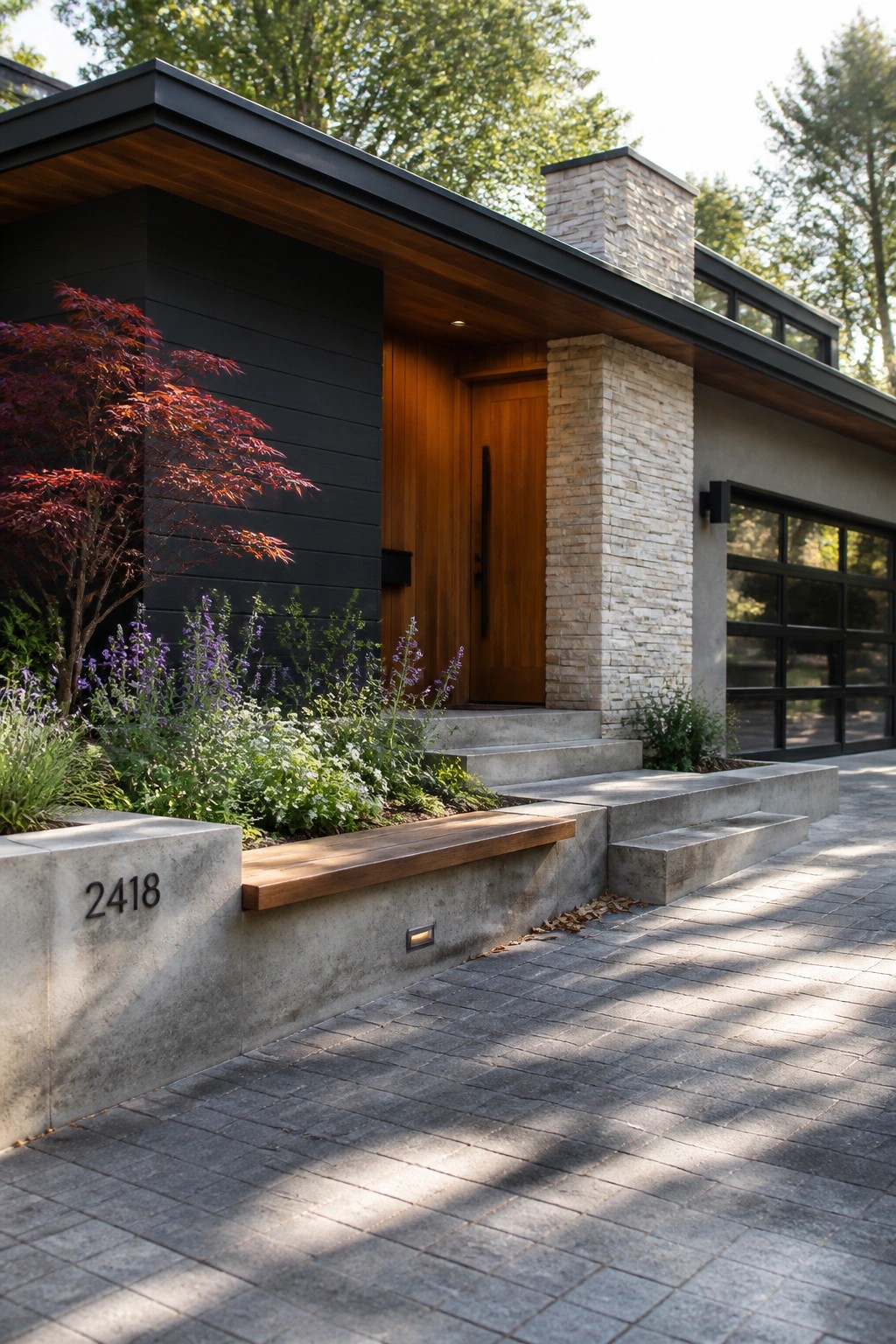 Modern house exterior with black horizontal siding, a prominent wooden front door, stone chimney and pillar accents, concrete steps, and a low garden bed with a wooden bench.
