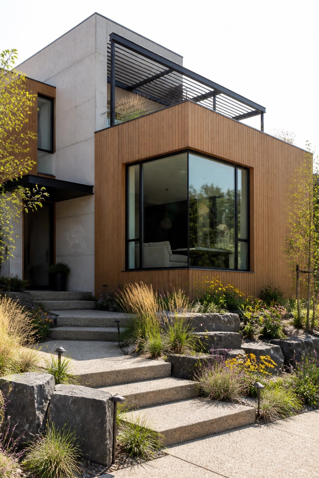 A modern two-story house with concrete and wood exterior walls, large black-framed windows, and concrete steps leading to the entrance.
