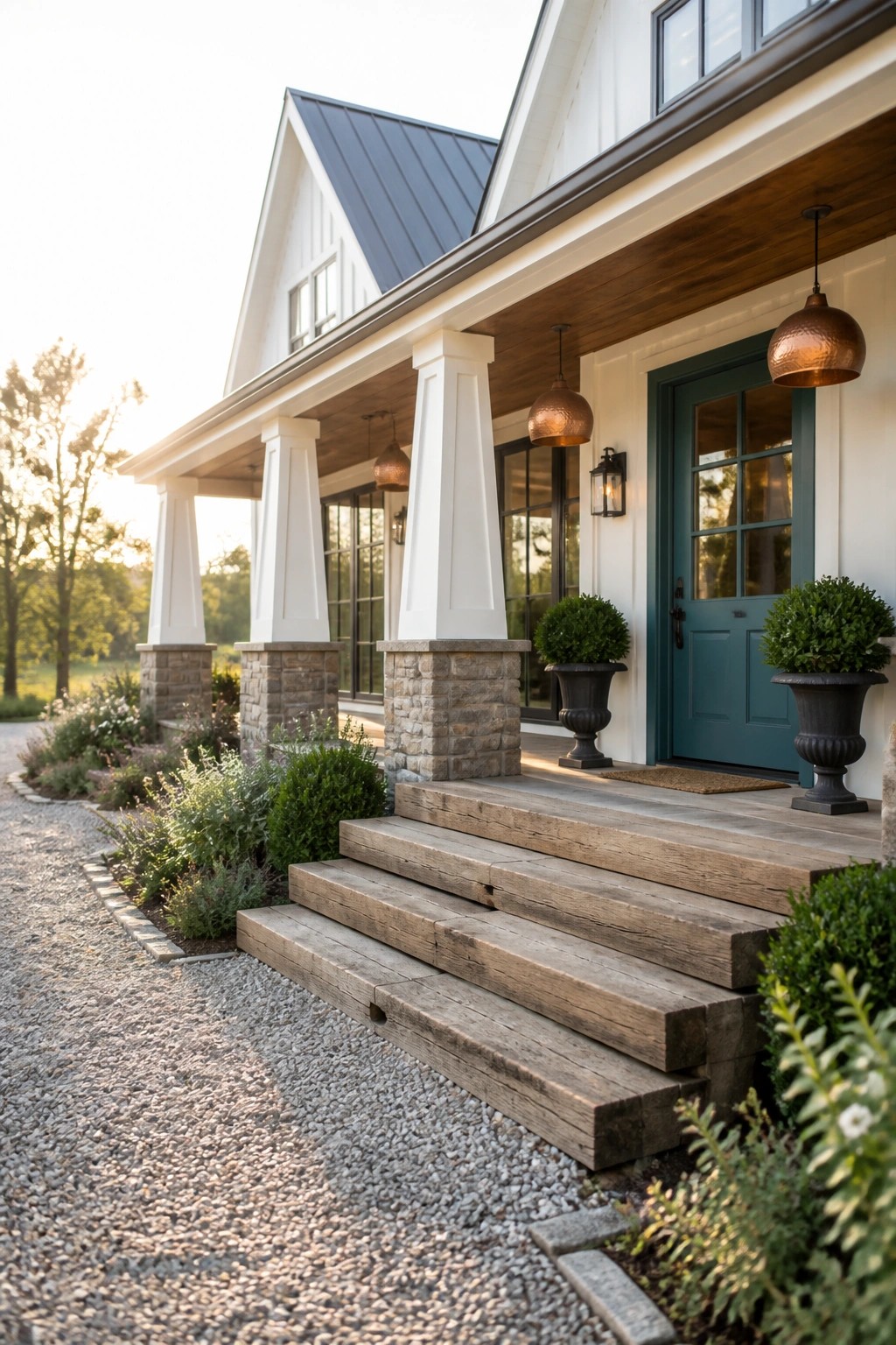 A front porch with white columns on stone bases, wooden steps, and a teal door under a dark metal roof.