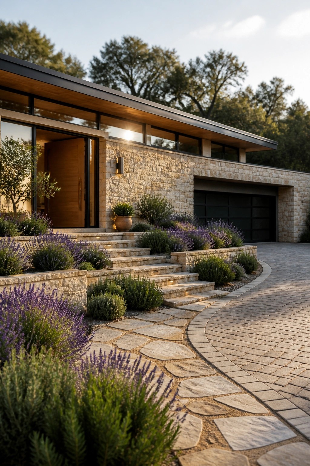 Modern stone house with wooden door, stone steps, lavender landscaping, and curved driveway.