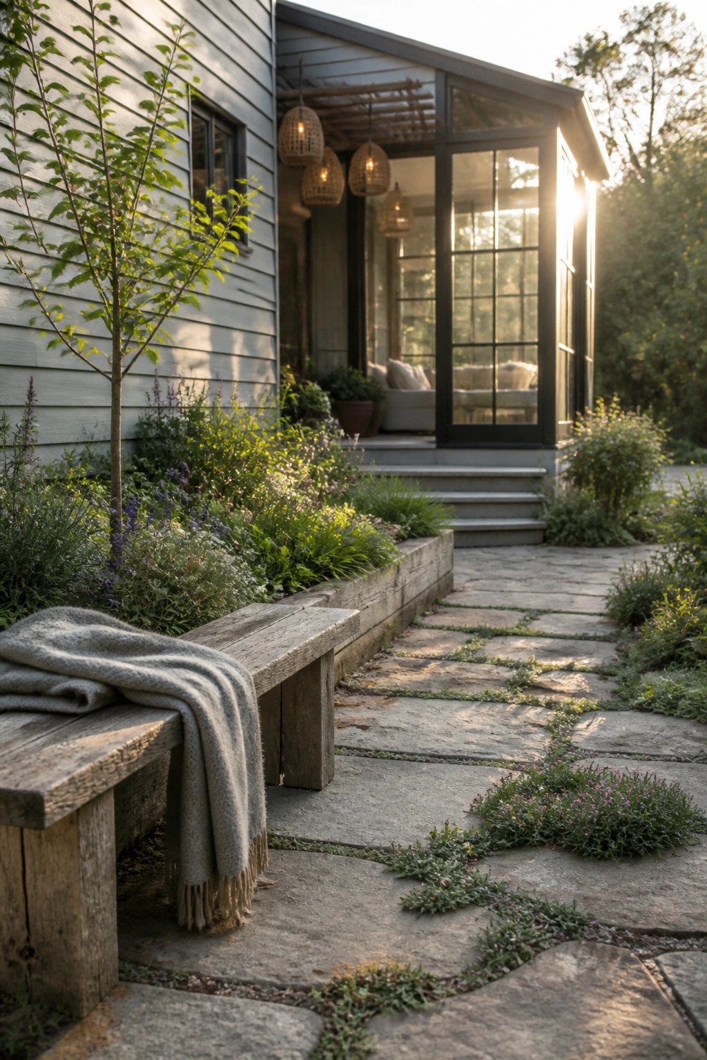 Rustic bench with gray blanket along stone path to sunlit porch