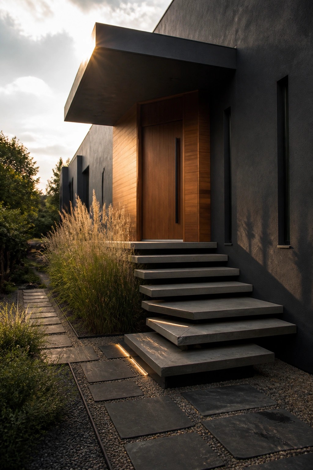 Modern house entrance featuring a vertical wood door set into a dark gray facade, with floating concrete steps, a stone paver path, and tall ornamental grasses along the side.
