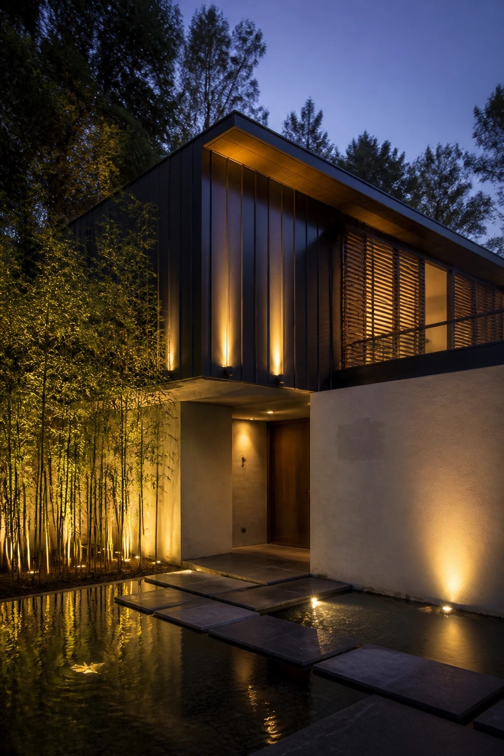 Modern dark house at dusk with lit bamboo, reflecting pool, and stepping stones.