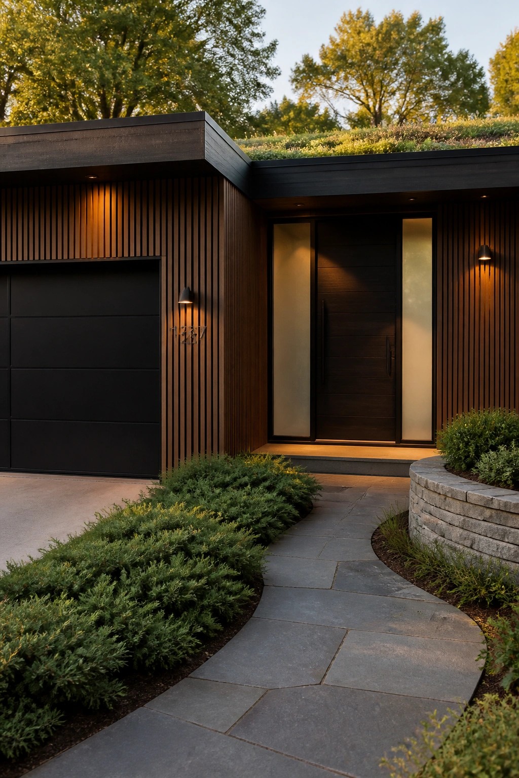 Modern house exterior showing vertical dark wood siding, a black garage door on the left, a central entry door with frosted glass sidelights, and a curving stone pathway bordered by low green shrubs.