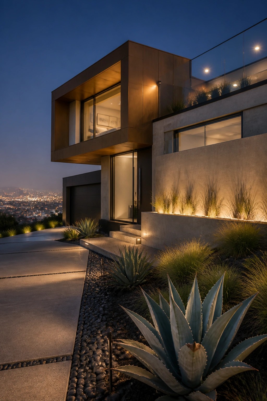 Modern house with concrete facade, lit windows, agave plants, and city view at night.