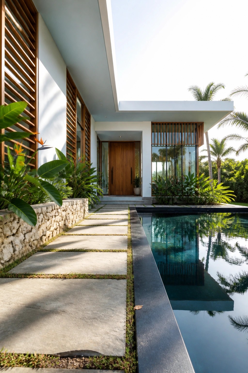 Modern house exterior with white walls, a wooden front door, vertical wood louvers on windows, a stone planter with tropical plants, and a rectangular pool next to a concrete paver path.