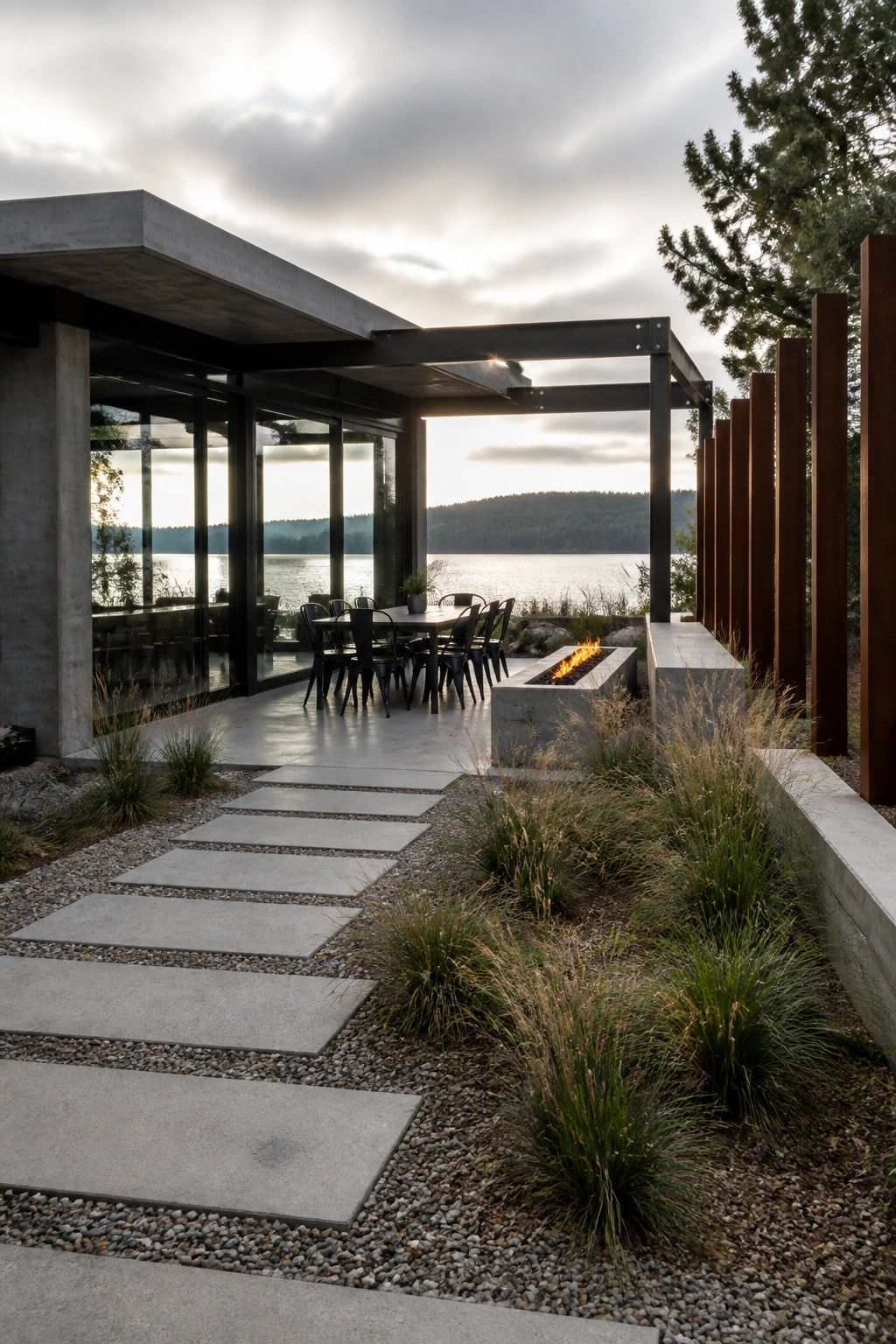 A modern concrete and steel covered patio with an outdoor dining table and a linear concrete fire pit, connected to the house by large glass doors and a stepping stone path through gravel and grasses.