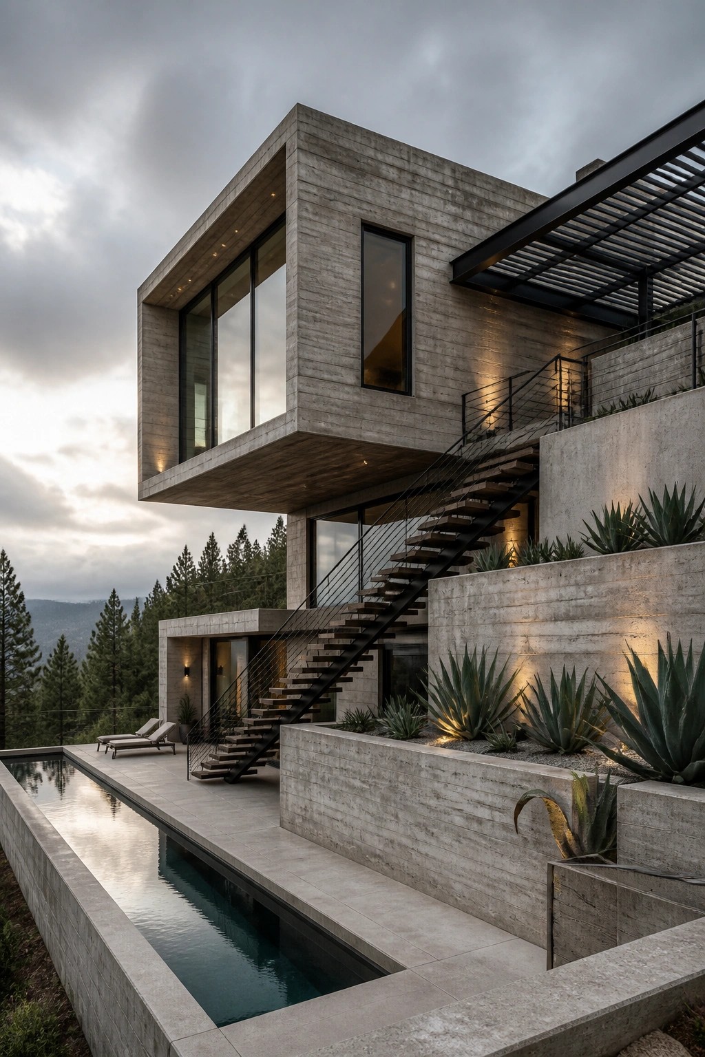 A modern multi-level concrete house with a large cantilevered upper volume, steel staircase, and pool on a hillside.