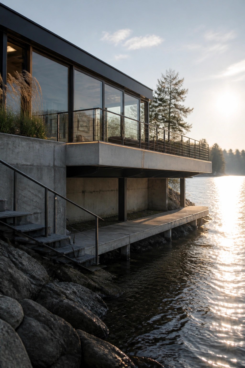 A modern concrete house with large glass windows and a cantilevered deck extending over rocks into a calm lake at sunset.