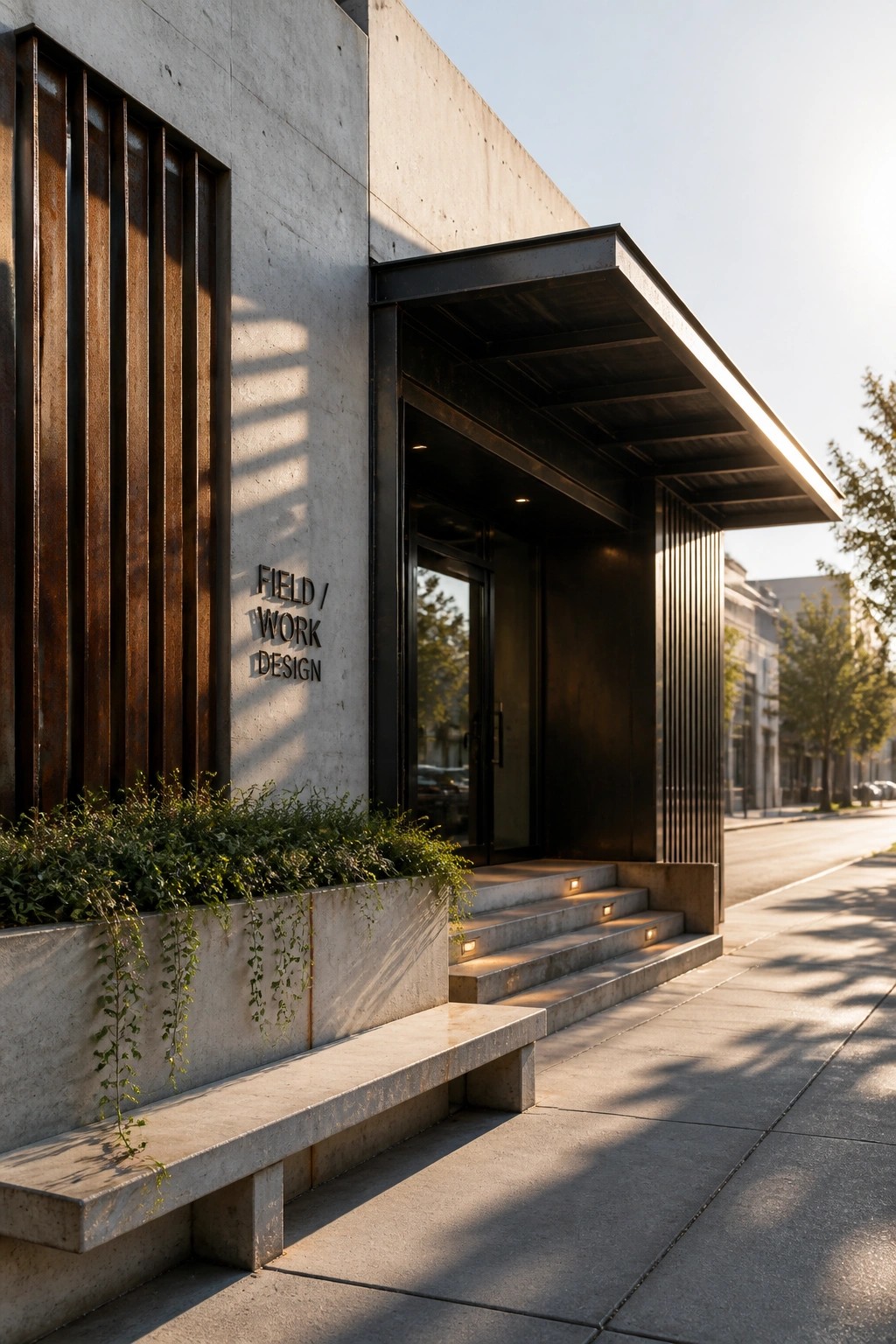 Modern industrial building entrance with concrete walls, a dark steel canopy over concrete steps, a built-in concrete bench with plants, and vertical steel panels on the facade.